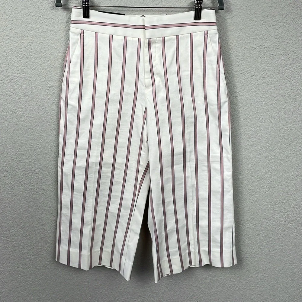 NWT Banana Republic High Rise Wide Leg Crop Pants Linen Blend White Red Stripe
